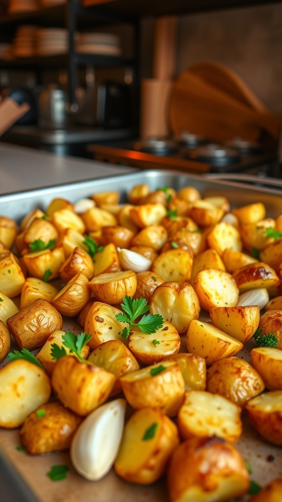 Crispy roasted garlic potatoes on a baking tray, garnished with parsley in a rustic kitchen.